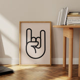Minimalist Graphic Hand Rock Sign Bold Outline Wall Art Print